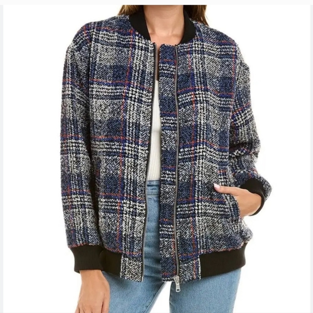 Avec Les Filles Plaid Knit Jacket with Blue and Orange Accents - Picture 3 of 16